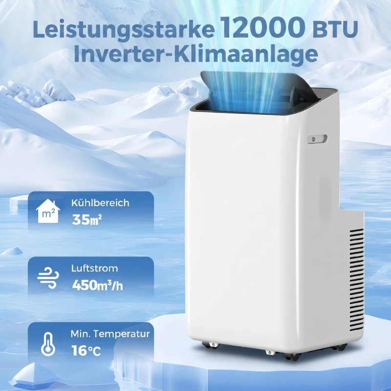 HOMCOM Mobiles Klimagerät 12.000 BTU mit Inverter-Technologie, Klimaanlage mit 60° Schwenkfunktion, 24H-Timer, Fernbedienung