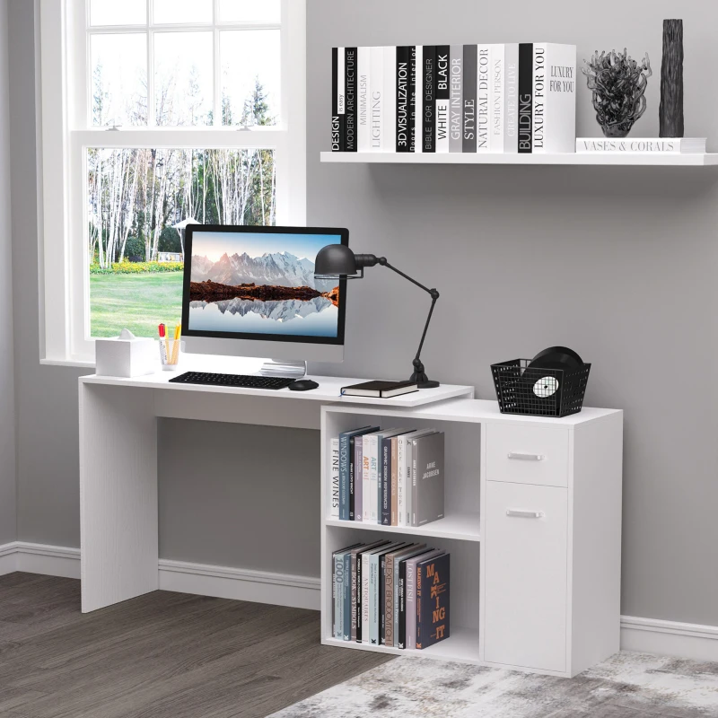 HOMCOM Scrivania Angolare con Libreria Scaffale in Legno Bianco, Tavolo da Pranzo con Rotazione a 360°, 173x39.8x74 cm