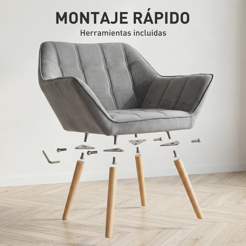 HOMCOM Butaca de Salón Moderna Tapizado en Terciopelo con Patas de Madera Sillón Relax para Sala de Estar Gris
