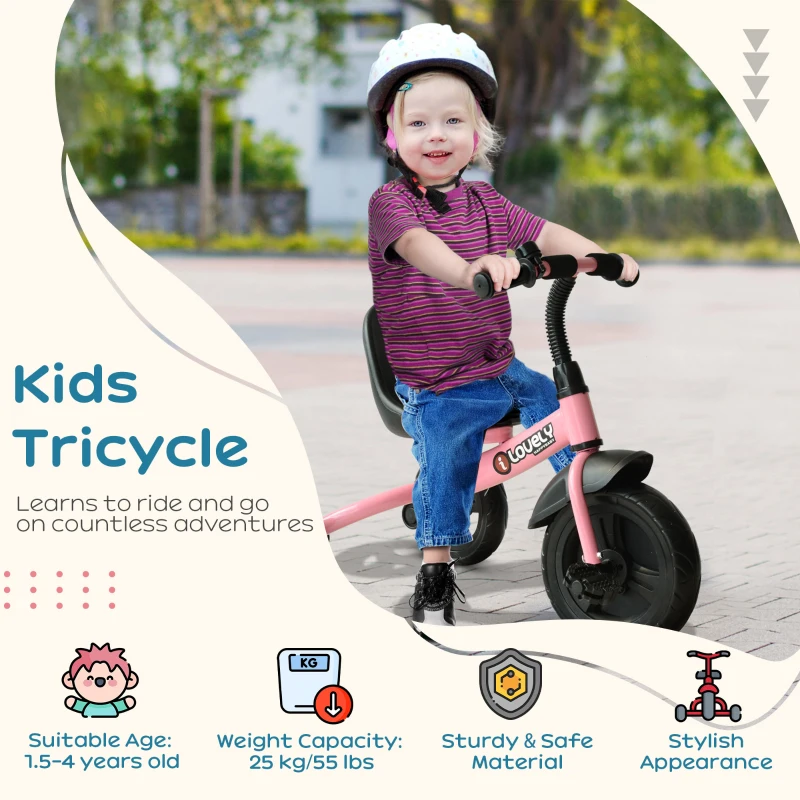 HOMCOM Baby Trike, Toddler Tricycle with Adjustable Seat, Children Ride on Toys 3 Wheels Bike with Bell for Kids 1.5-4 Years, Pink
