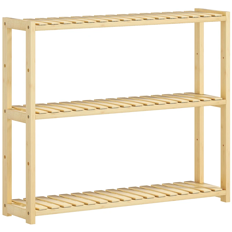 HOMCOM Raft de Baie cu 3 Polițe Reglabile în 5 Poziții, din Bambus, 60x15x50 cm, Culoare Lemn