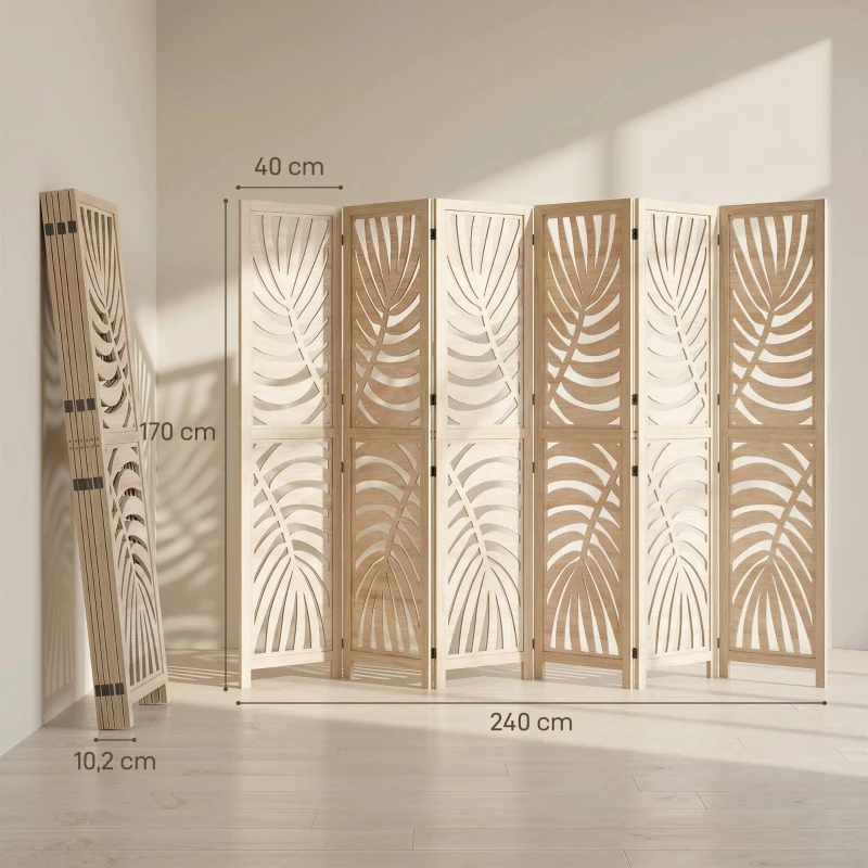 HOMCOM Paravent interieur en bois 6 panneaux 240 x 170 cm, pliable et portable, motif de feuille, design amovible, bois naturel