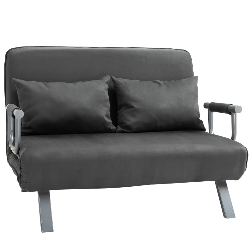HOMCOM Sofá Cama de 2 Lugares Estofado em Camurça Sintética com Encosto Ajustável em 5 Níveis e 2 Almofadas 111x80x78 cm Cinzento
