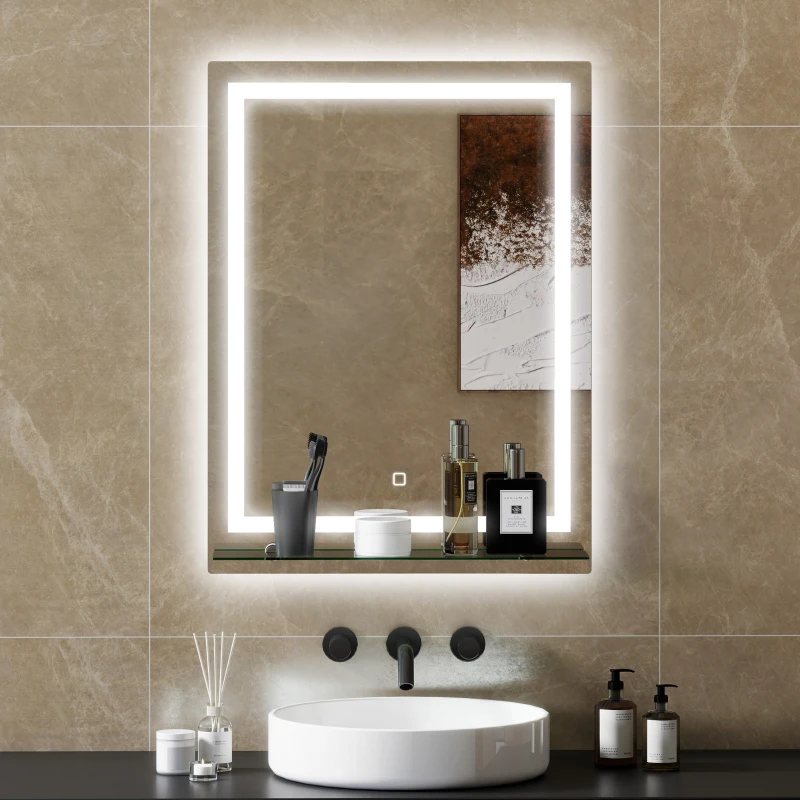 kleankin Espelho de Casa de Banho com Luzes LED 60x80 cm 3 Cores de Luz Brilho Ajustável Prateleira de Vidro Função de Memória Prata