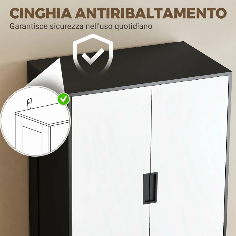 HOMCOM Armadio 2 Ante con 3 Cassetti, Moderno Armadio con Barra Appendiabiti, per Camera da Letto, Nero Bianco