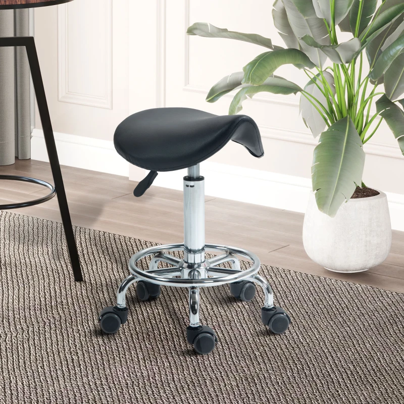HOMCOM Salon Saddle Stool, Rolling Saddle Chair for Massage, Spa, Clinic, Beauty, Hairdressing and Tattoo, Black