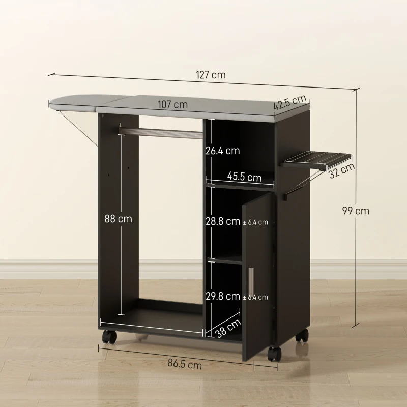 HOMCOM Dulap pentru călcat cu blat cu aspect de in, 3 rafturi cub și suport, 127x42,5x99 cm, negru