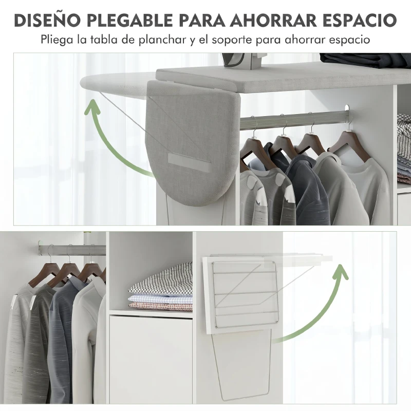 HOMCOM Mueble de Planchar con Ruedas Barra para Colgar Ropa Estante Abierto y Tablero Plegable 127x42,5x99 cm Blanco