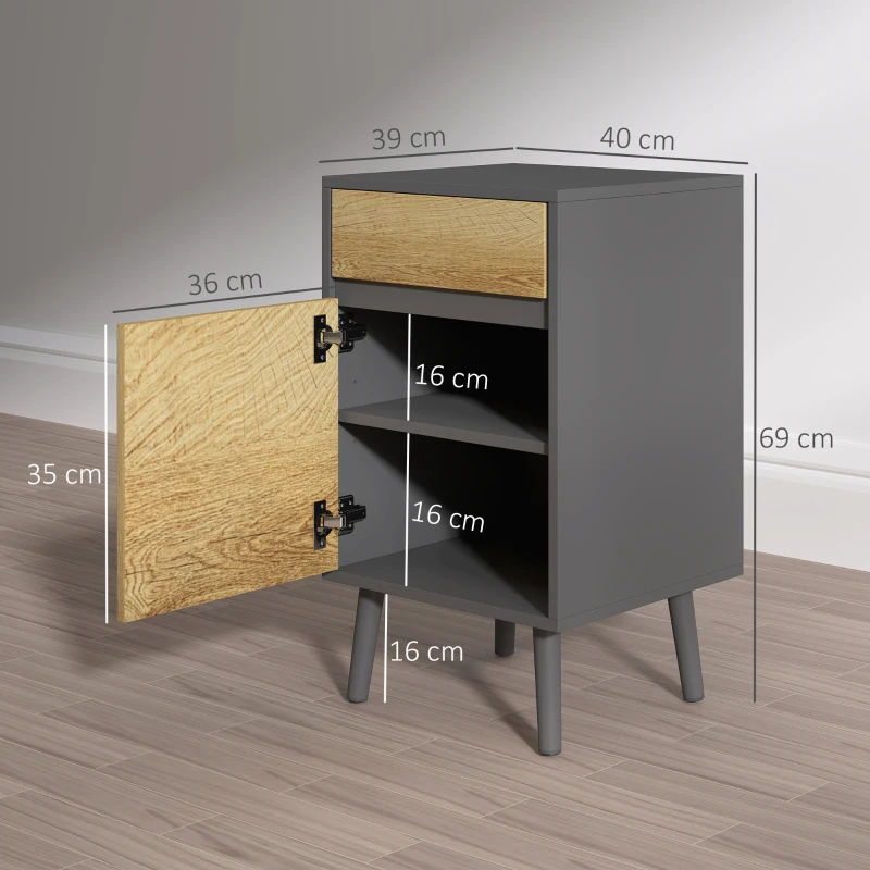 HOMCOM Comodino con Cassetto e Armadietto Moderno Senza Maniglie, 40x39x69 cm, Grigio Scuro e Legno
