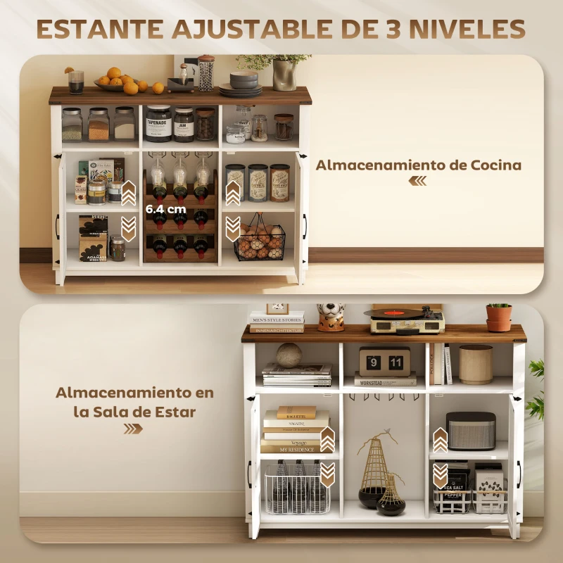 HOMCOM Aparador de Cocina Rústico con Estantes Ajustables y Botellero Mueble Auxiliar para Comedor, Salón 120x37x88 cm Blanco