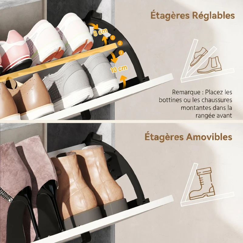 HOMCOM Meuble à chaussures 15 paires, armoire à chaussures moderne avec 2 tiroirs rabattables, 83x24x90,5cm, blanc et gris