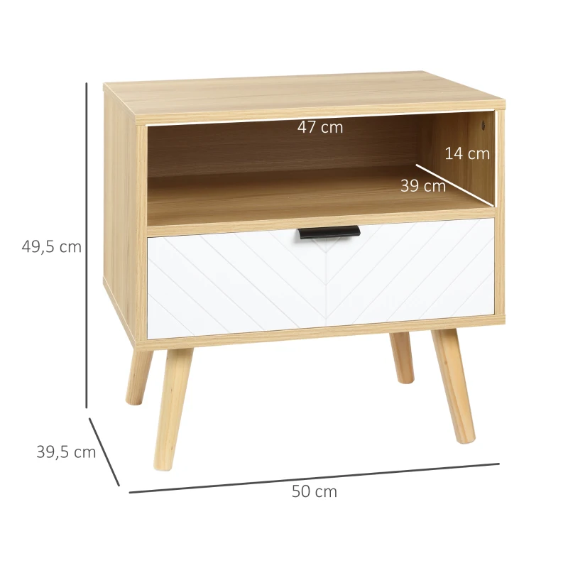 HOMCOM Comodino Moderno con Cassetto Estraibile e Ripiano Aperto, in Legno, 50x39.5x49.5 cm, Bianco e color Legno