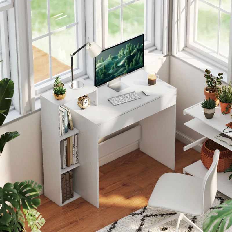 HOMCOM Bureau avec rangement, bureau d'ordinateur avec 3 étagères de rangement et tiroir, 100 x 40 x 90 cm, blanc