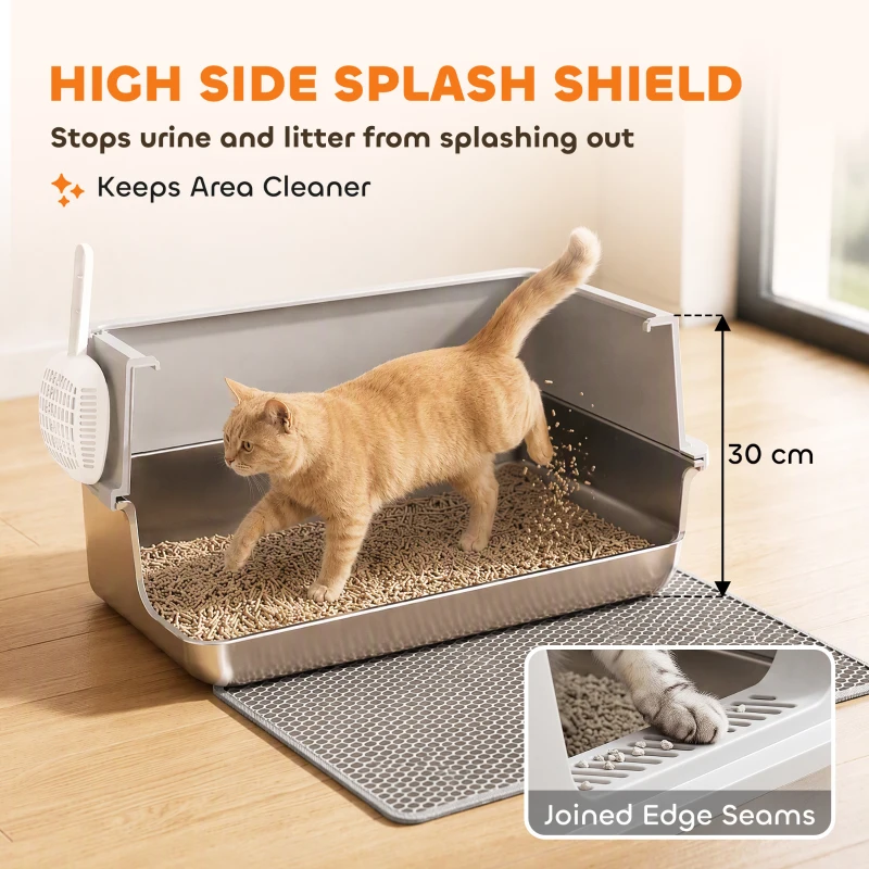 PawHut XL Stainless Steel Cat Litter Tray with Lid, High Sided Cat Litter Box with Scoop and Mat, Light Grey