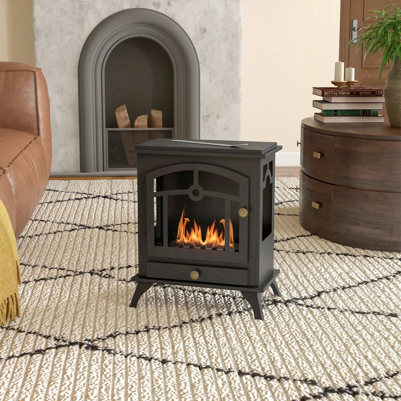 HOMCOM Estufa de Bioetanol de Pie con Tanque de 0,9 L Apagallamas de Acero Inoxidable Tiempo de Combustión 3H 45x28x54 cm Negro
