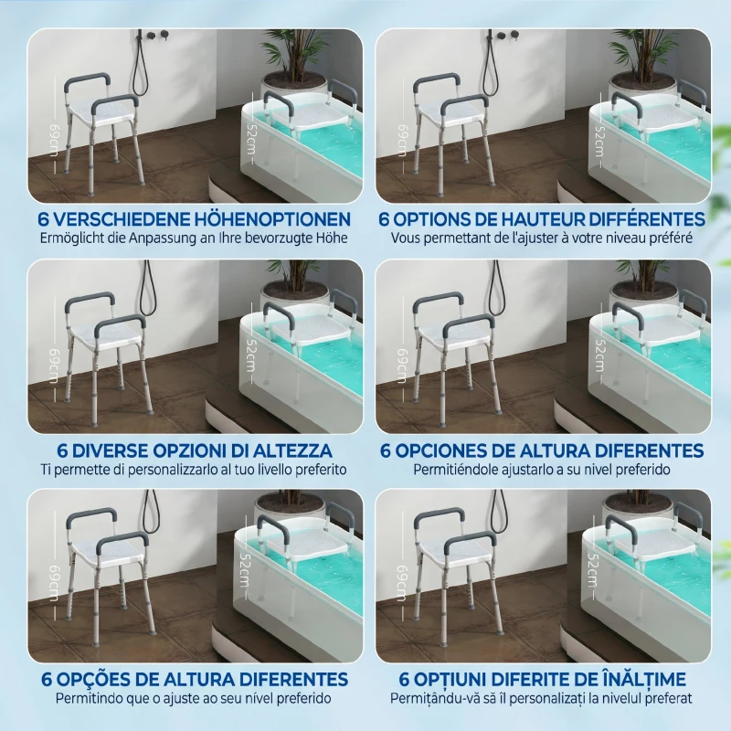 HOMCOM Taburet pentru Duș Reglabil cu Brațe și Orificii de Drenaj, din Aluminiu, HDPE și EVA, 52x45x57-69 cm