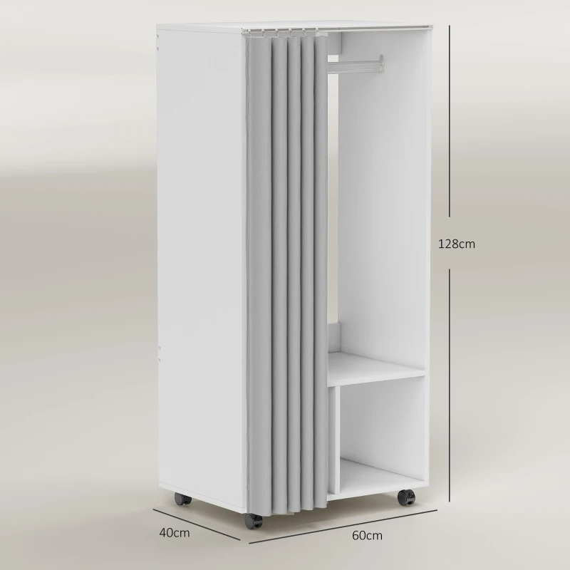 HOMCOM Roupeiro com Rodas, Cortina, Barra de Pendurar e 2 Compartimentos para Quarto 60x40x128 cm Branco