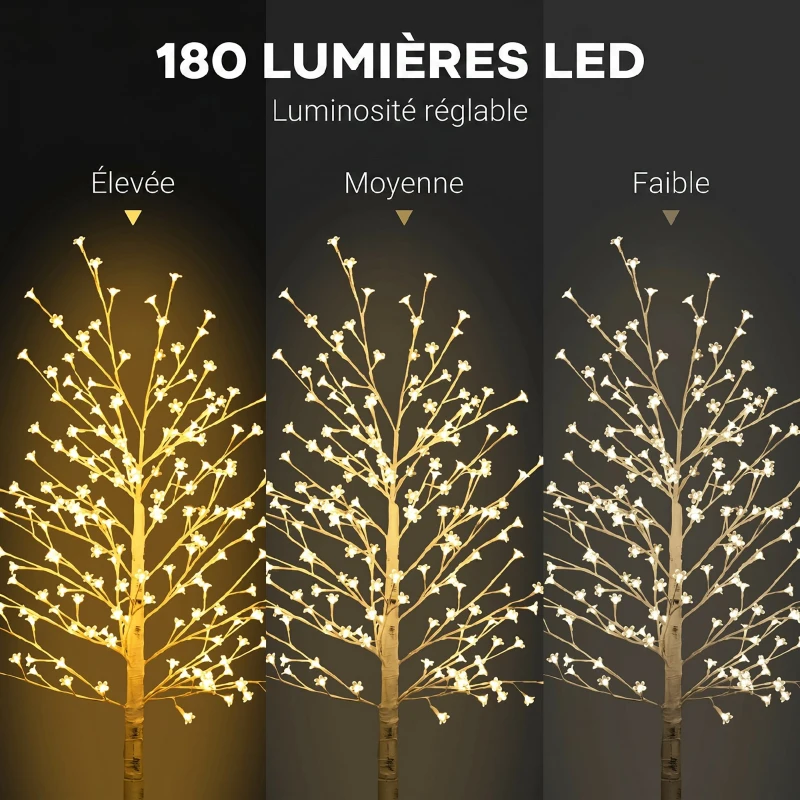 HOMCOM Arbre Lumineux LED 180 cm 180 LEDs Blanc Chaud, Arbre Artificiel de Cerisier en Fleurs, IP44, Intérieur Extérieur, Blanc