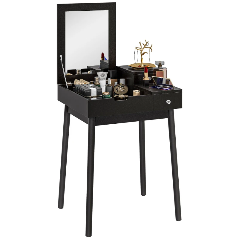 HOMCOM Coiffeuse avec miroir table de maquillage, 2 tiroirs, miroir pliable pour chambre à coucher, salon, 60x50x85,5cm, noir