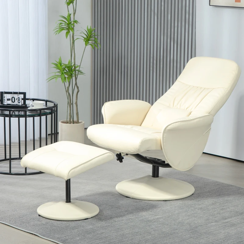 HOMCOM Poltrona Relax com Apoio para os Pés Estofada em PU  Reclinável até 145° e Giratório 360° com Encosto Ajustável 81x81x105cm Creme
