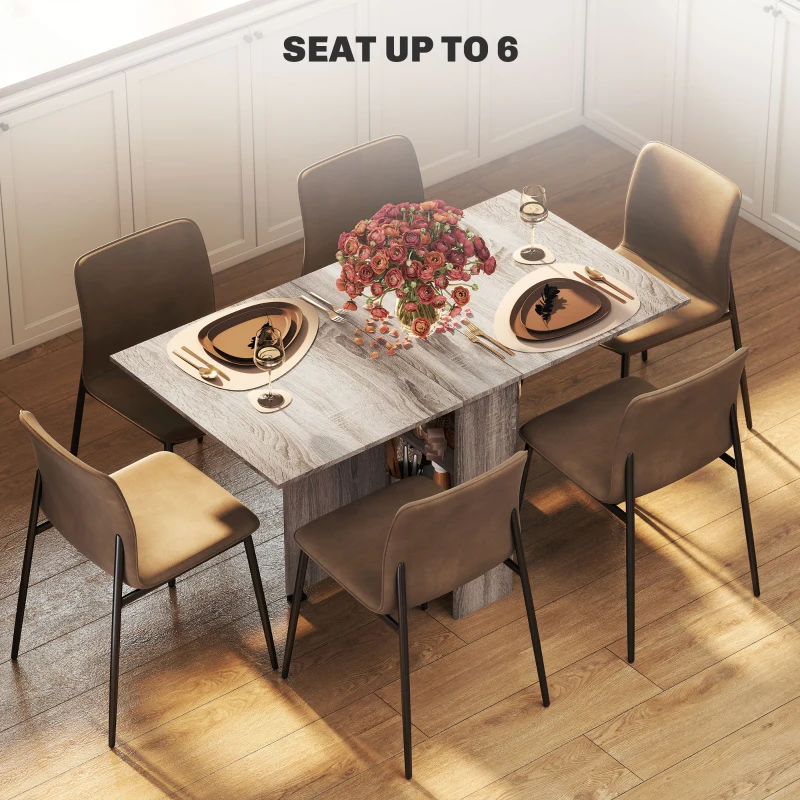 HOMCOM 80-140 cm Folding Dining Table for 4-6 People, Drop Leaf Table with 2-Tier Shelves, Rolling Casters, for Small Spaces, Kitchen, Flat, Dining Room, Grey