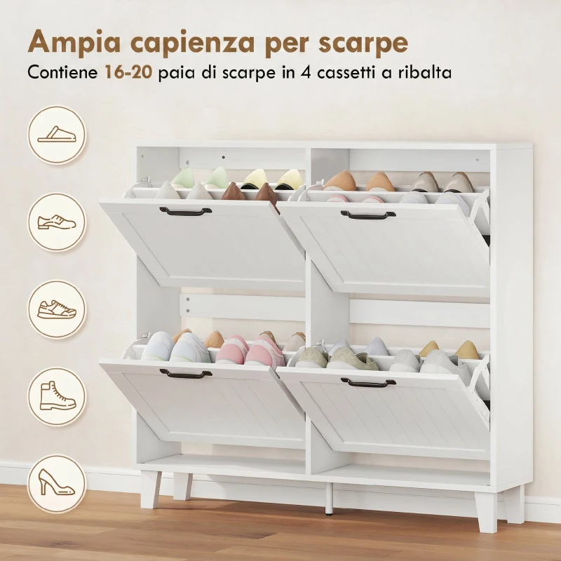 HOMCOM Mobile Scarpe, 4 Cassetti Ribaltabili, Salvaspazio con Ripiani Regolabili, Bianco