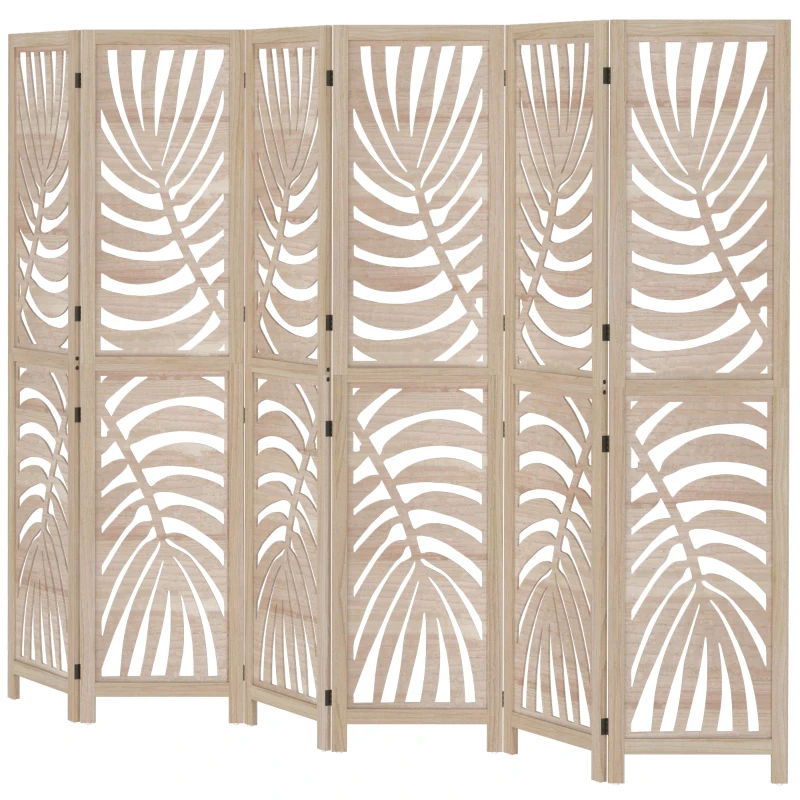 HOMCOM Paravent interieur en bois 6 panneaux 240 x 170 cm, pliable et portable, motif de feuille, design amovible, bois naturel