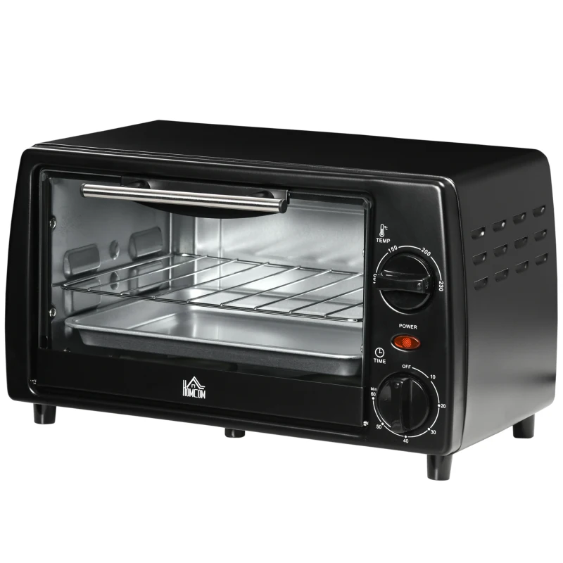 HOMCOM Mini-Ofen Toasterofen, 1 Backblech, 1 Grilrost, 10 L Kapazität, Timer-Funktion, 36.5 cm x 26 cm x 22 cm, Schwarz(m-11)