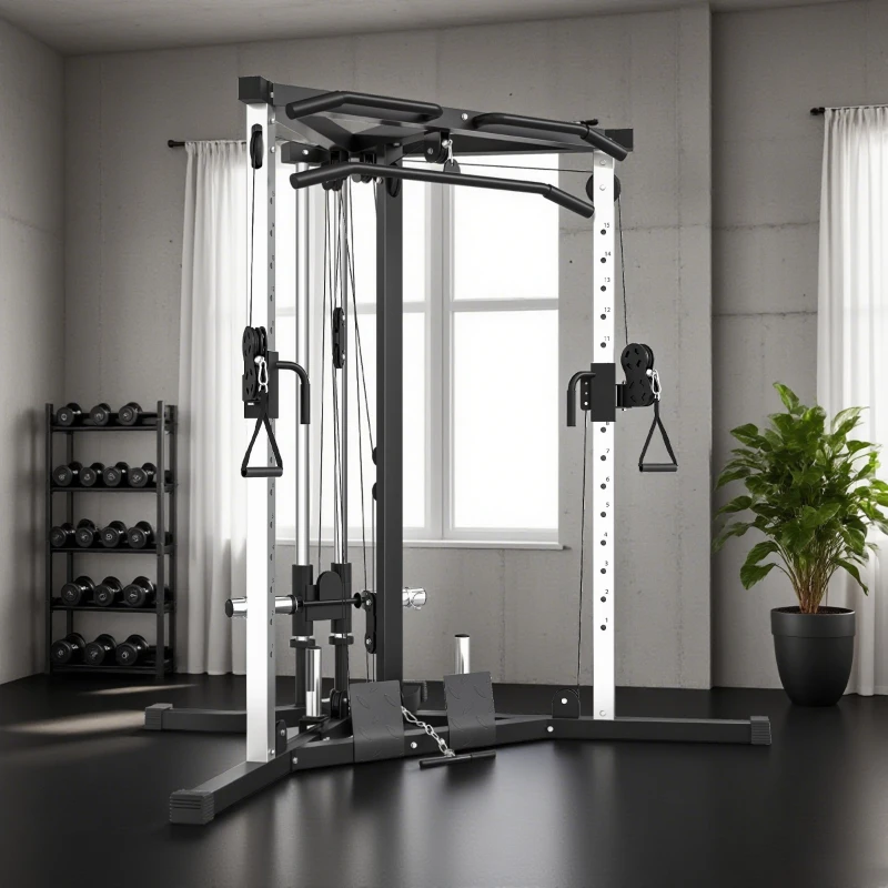SPORTNOW Kraftstation Fitnessstation mit Latzug, Klimmzugstange Curl-/Ruderstange Griffe, 15-fach verstellbar