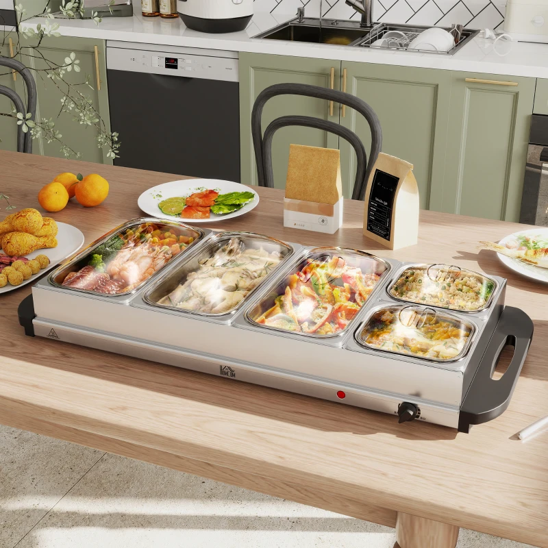 HOMCOM 5 Tray Electric Food Warmer Buffet Server with Warming Plate, Cool Touch Handles, Adjustable Temperature, 300W, 3 x 2.4L and 2 x 1L Pans