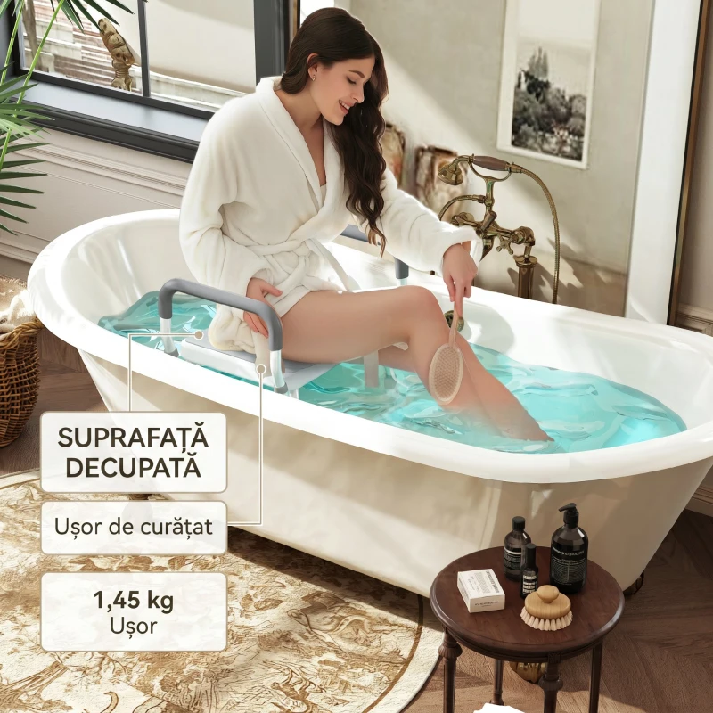HOMCOM Taburet pentru Duș Reglabil cu Brațe și Orificii de Drenaj, din Aluminiu, HDPE și EVA, 52x45x57-69 cm
