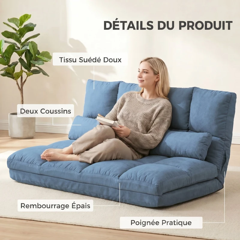 HOMCOM Chauffeuse matelas d'appoint pliant convertible - inclinaison dossier réglable 14 positions - 2 coussins inclus, bleu