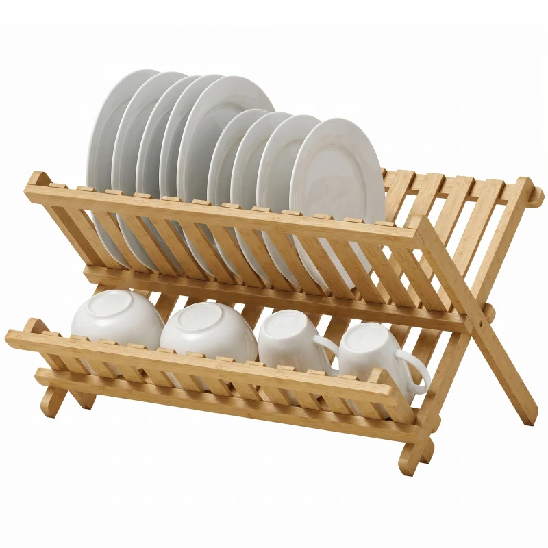 HOMCOM Kitchen Storage Unit, 2-Tier Foldable Kitchen Storage Rack with Slatted Draining Shelves, Natural Wood Finish