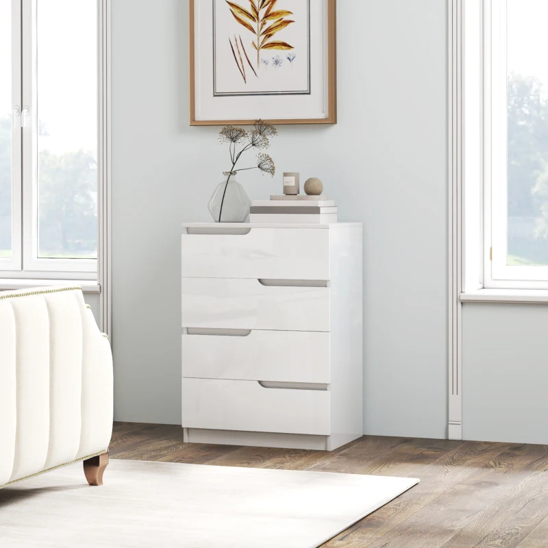 HOMCOM Moderne Kommode, Kleiderschrank, 4 Schubladen, Holz, Kippschutz, Fußpolster, Weiß(m-10)