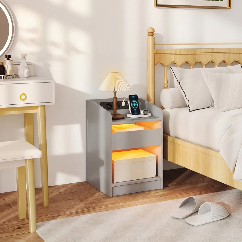 HOMCOM Mesita de Noche con Estación de Carga Luz LED RGB Cajón Estante Abierto Puertos USB y Control Remoto 40x40x58 Cm Gris