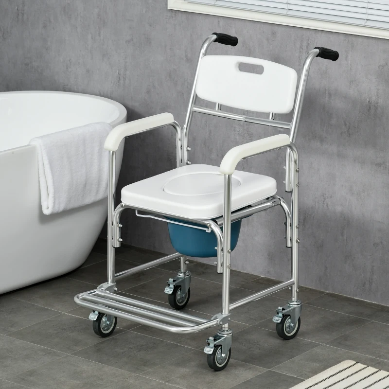 HOMCOM Sedia Comoda con Ruote per Anziani 3 in 1, Sedia per WC in Alluminio con Secchio Rimovibile, Bianco