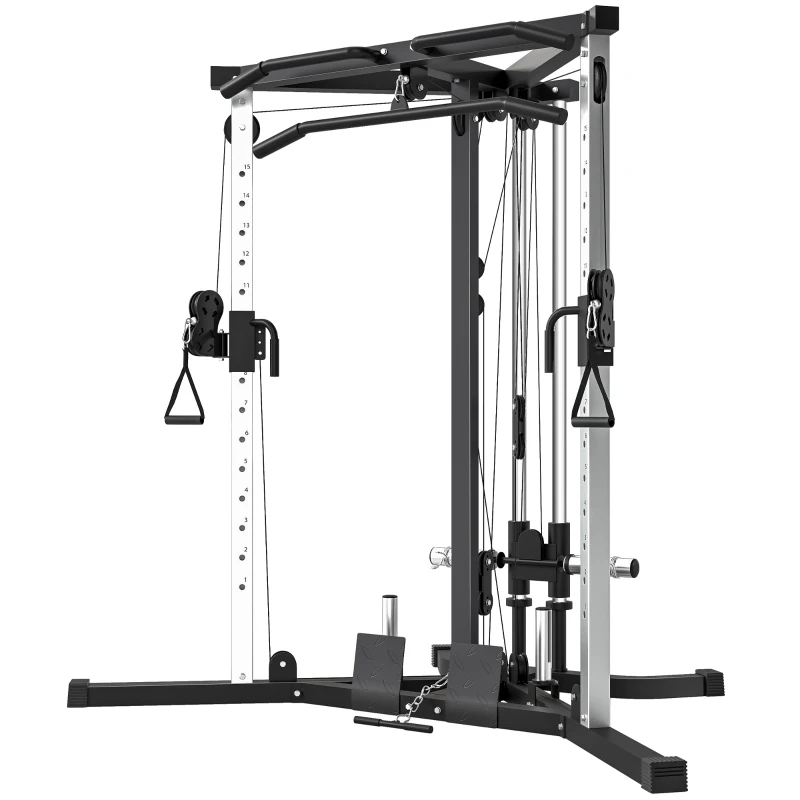SPORTNOW Kraftstation Fitnessstation mit Latzug, Klimmzugstange Curl-/Ruderstange Griffe, 15-fach verstellbar