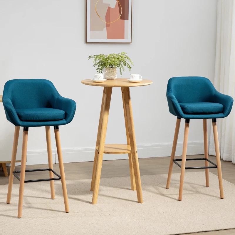HOMCOM Tabourets de Bar Design scandinave - Lot de 2 tabourets de Bar Grand Confort avec Repose-Pieds et accoudoirs - Bois massif Lin bleu