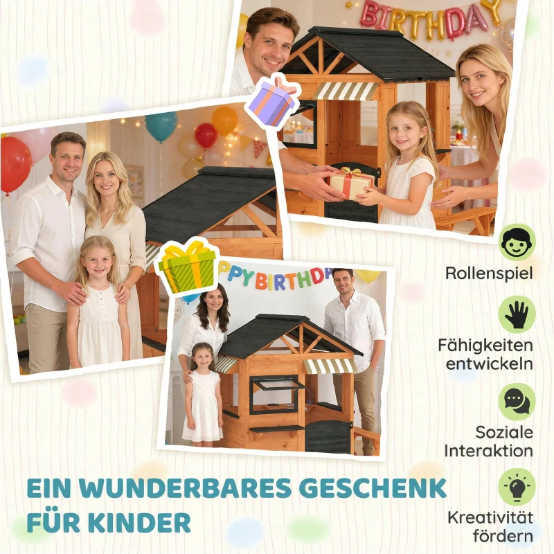 AIYAPLAY Kinderspielhaus Holz Spielhaus Outdoor mit Küche Bank Verkaufstheke Fenster Tür für 3-8 Jahre 171,5 x 146 x 156 cm Braun