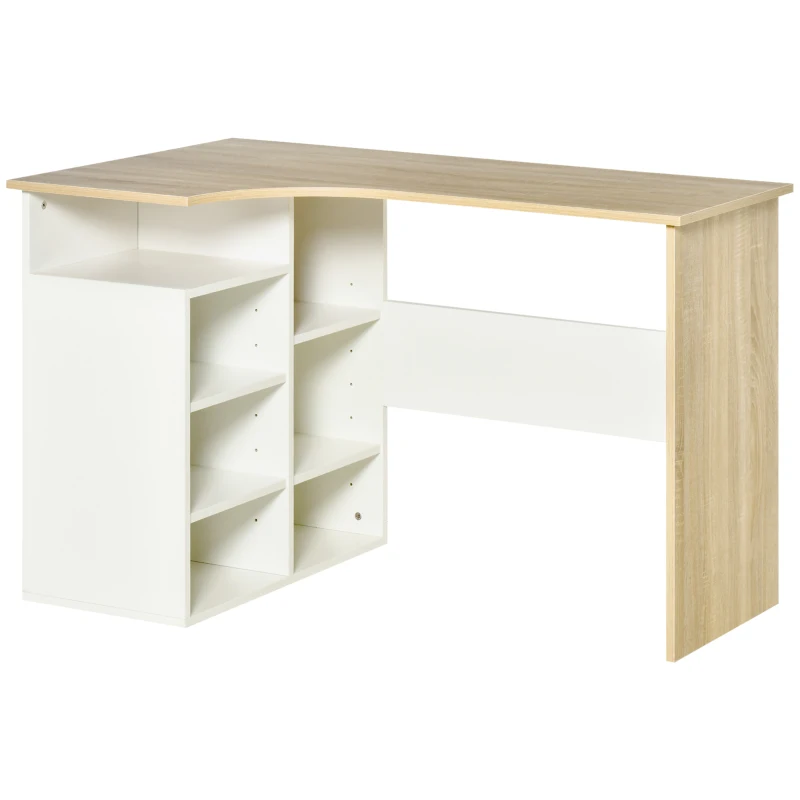HOMCOM Escritorio Esquinero Mesa de Ordenador en Forma de L Escritorios Juveniles con Estantes Ajustables para Oficina Casa Despacho 120x70x75 cm Blanco y Roble