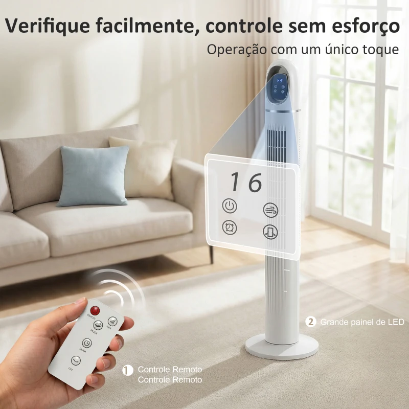 HOMCOM Ventoinha de Torre com Controlo Remoto 3 Velocidades 3 Modos Temporizador 24H Oscilação 70° Ecrã LED 31x31x111 cm Branco