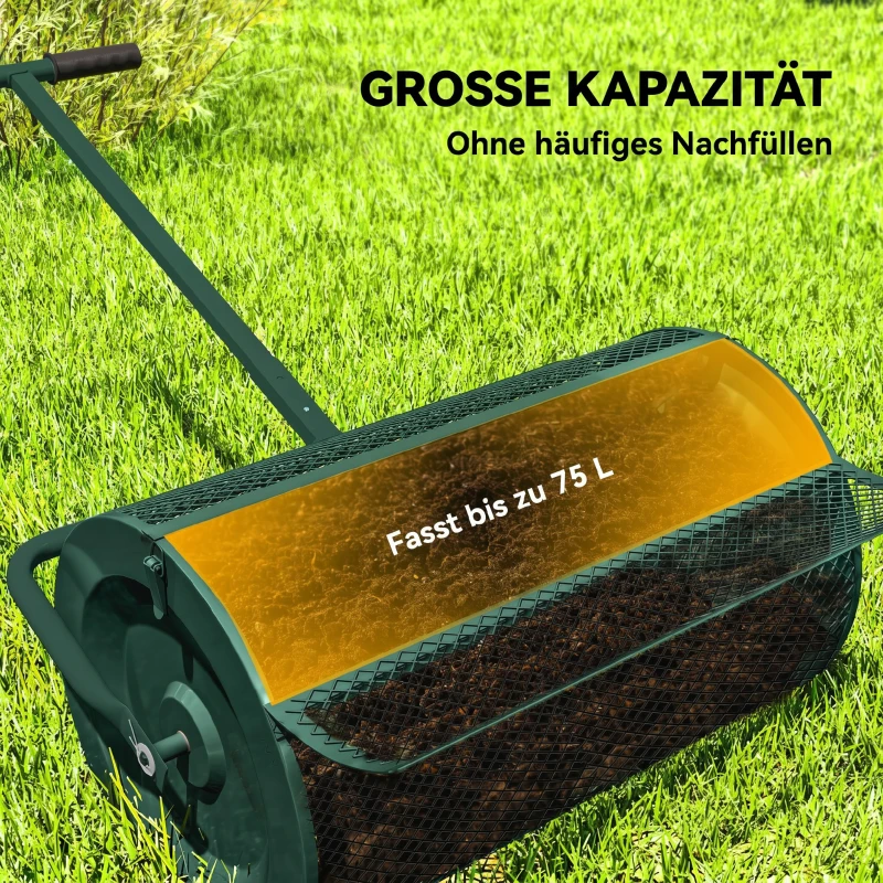 Outsunny Kompoststreuer 75L 61x40cm Düngerstreuer Rasen Garten mit T-Griff Mesh-Korb Metall Grün