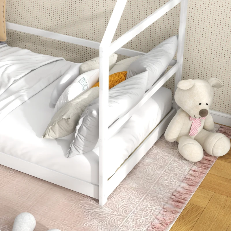 AIYAPLAY Pat pentru copii în formă de căsuță, cu bariere de protecție, vârsta 3-8 ani, 196x97,5x135cm, alb