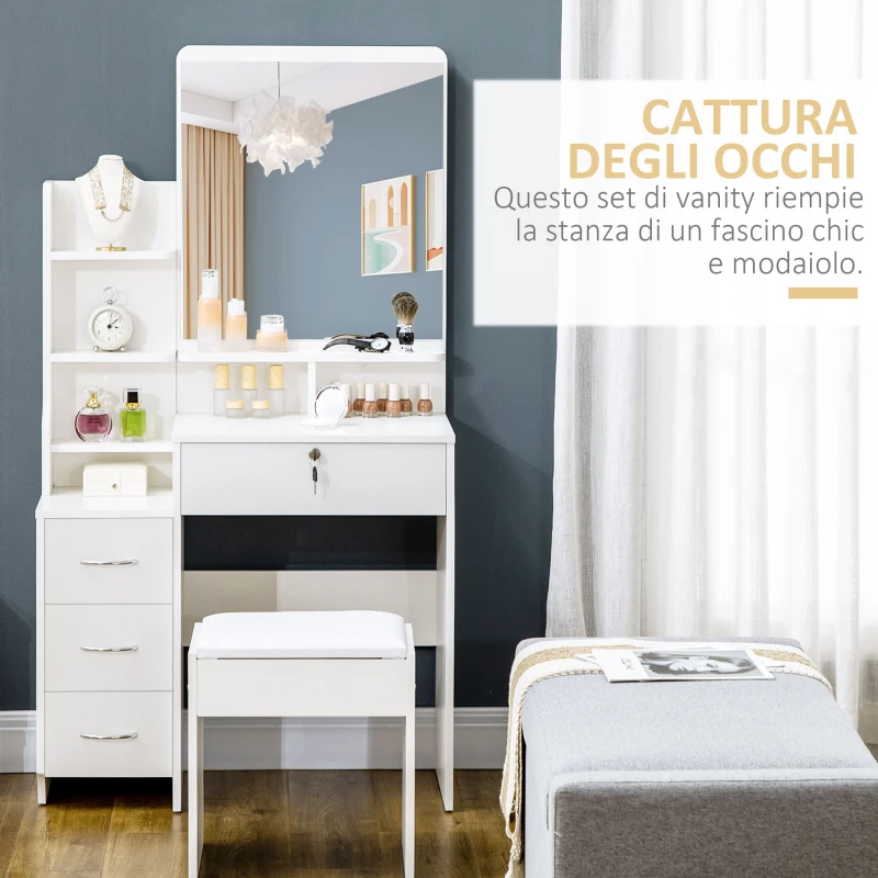 HOMCOM Toeletta da Trucco con Specchio, Tavolo da Trucco, Sgabello, 4 Cassetti e 4 Ripiani, Bianco