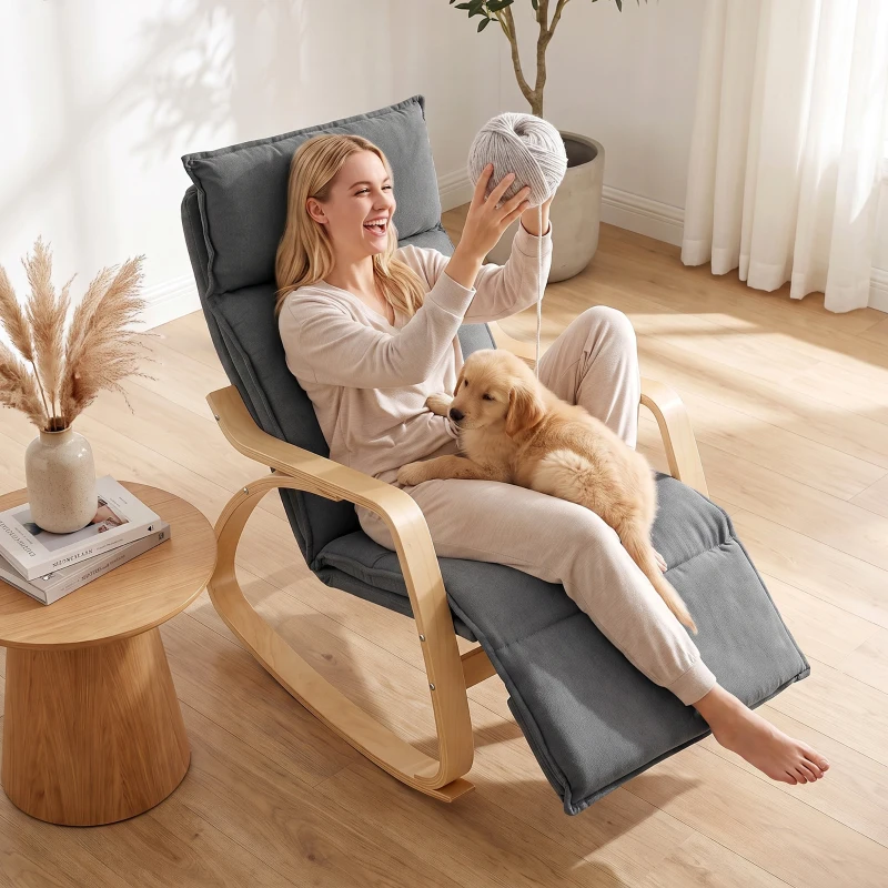 HOMCOM Schaukelstuhl in Leinenoptik mit 5-fach verstellbarer Fußstütze und Leinenoptik, für Wohnzimmer, Dunkelgrau