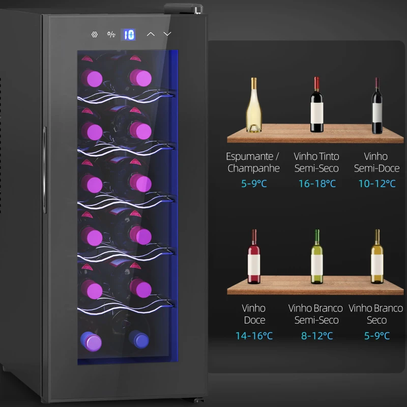 HOMCOM Cave de Vinhos 12 Garrafas com Dupla Refrigeração Termoelétrica Temperatura Ajustável 8-18℃ Porta de Vidro Anti-UV Ecrã LED Luz Interior Preto