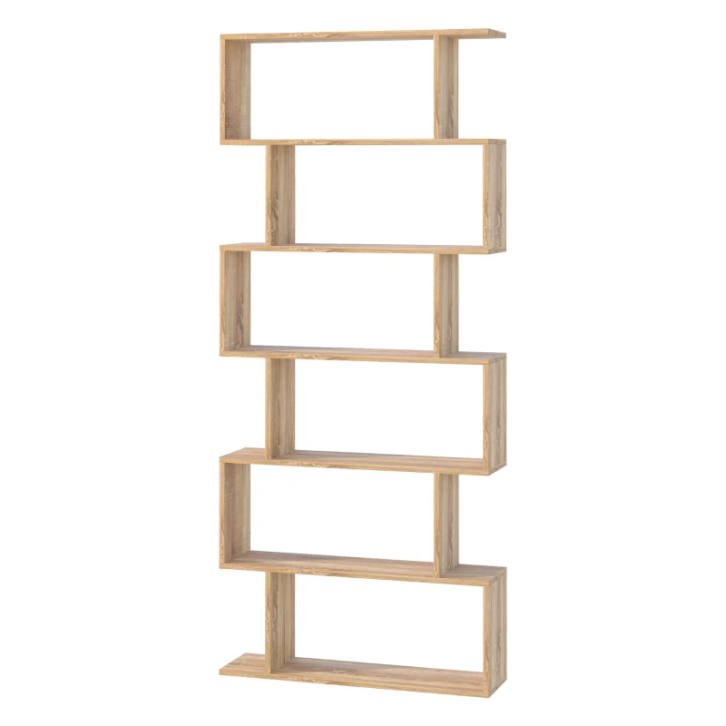 HOMCOM Bookcase, 6 Tier Shelf S Shaped Bookshelf, Storage Unit, Display Shelf for Living Room, Bedroom, Home Office, Plant, Oak