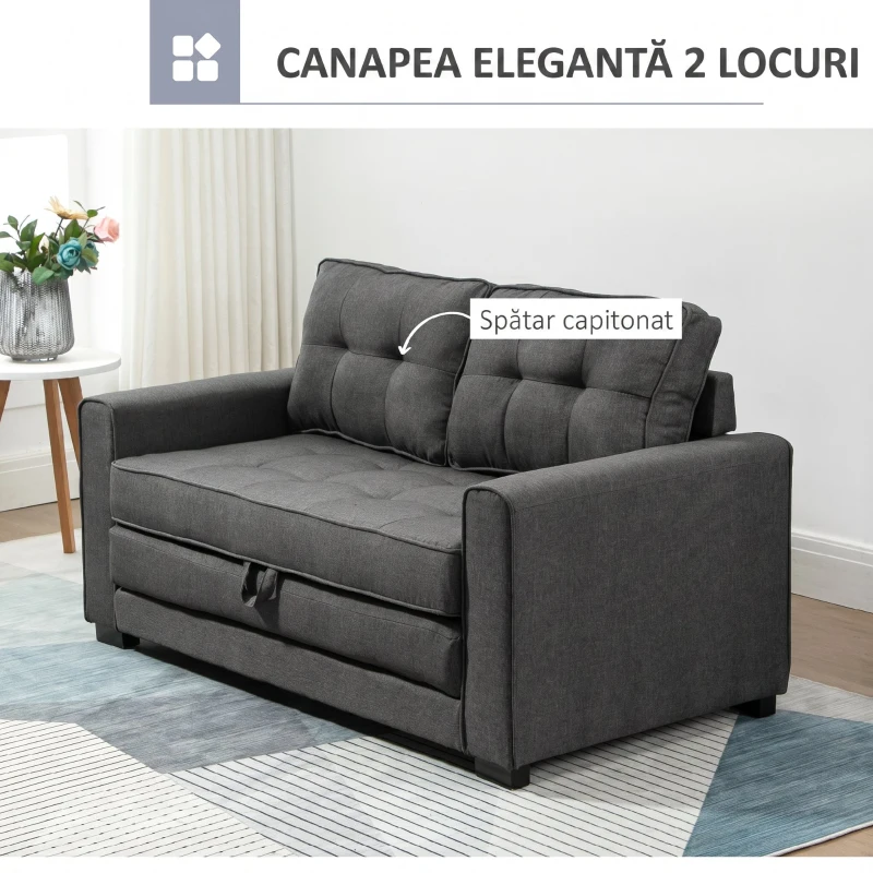 HOMCOM Canapea Extensibilă din Material Textil 2 Locuri cu Tapițerie și Arcuri, 151x75x85 cm, Gri