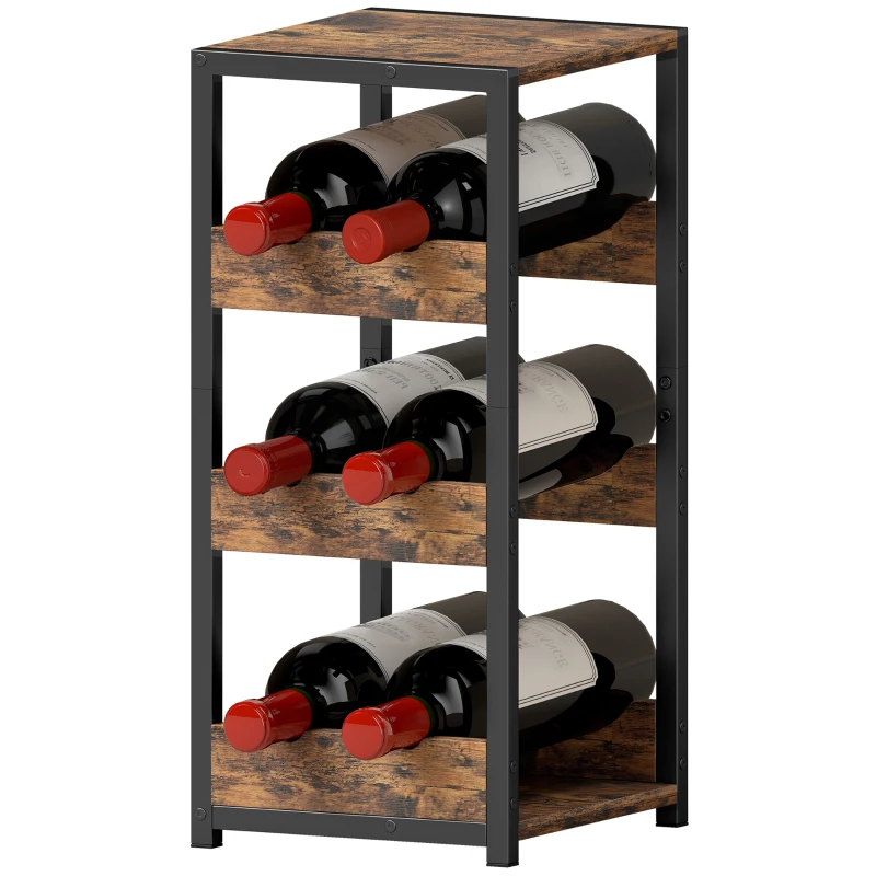 HOMCOM Suport pentru Sticle, Rafturi Ondulate, Picioare Reglabile, Maro Rustic, Negru