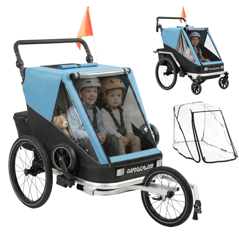 AIYAPLAY Fahrradanhänger für Kinder, 2-Sitzer, 2-in-1 faltbarer Kinderfahrradanhänger mit verstellbarem Sitz und Gurten, Blau
